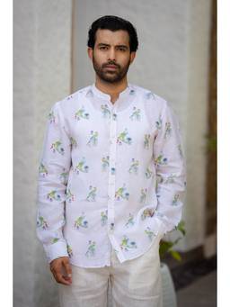 Zebein - Men Off White Mandarin Collar Linen Shirt