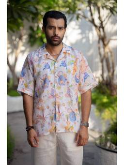 Zebein - Men Off White Shawl Collar Linen Shirt