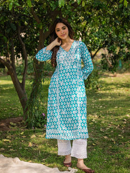 HOUSE OF KARI - Saba Chikankari Kurta In Muslin Cotton - Blue