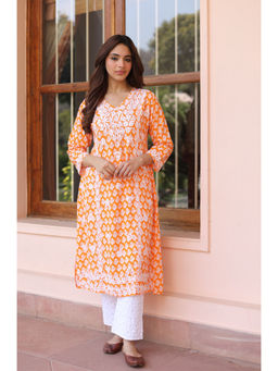 HOUSE OF KARI - Saba Chikankari Kurta In Muslin Cotton - Orange