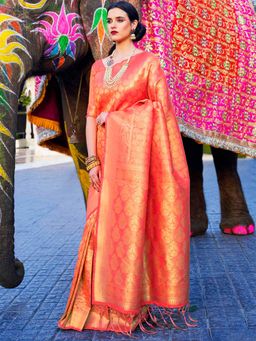 Odette - Peach Party Wear Kanjivaram Silk Woven Design Saree with Unstitched Blouse