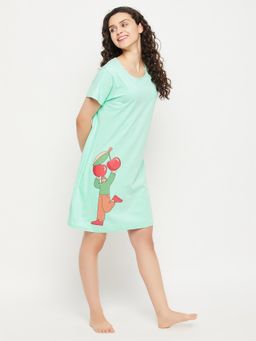 Clovia - Graphic Printed Short Nightdress With Pocket - 100 Percent Cotton -green