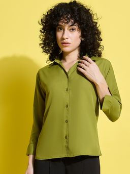 Buynewtrend - Crepe Regular Fit Solid Olive Women Formal Shirt