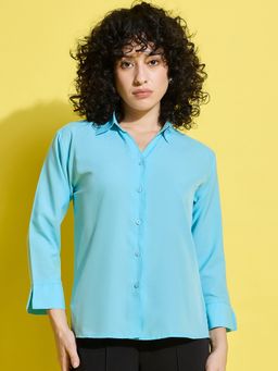 Buynewtrend - Crepe Regular Fit Solid Blue Women Formal Shirt