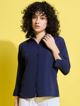 Buynewtrend - Crepe Regular Fit Solid Navy Blue Women Formal Shirt