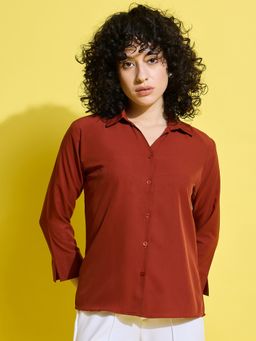 Buynewtrend - Crepe Regular Fit Solid Rust Women Formal Shirt