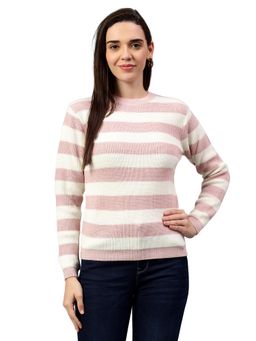 Cantabil - Women Striped Pink Full Sleeve Casual Sweater