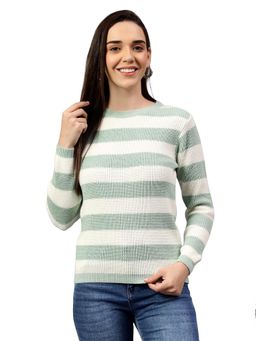 Cantabil - Women Striped Sea Green Full Sleeve Casual Sweater