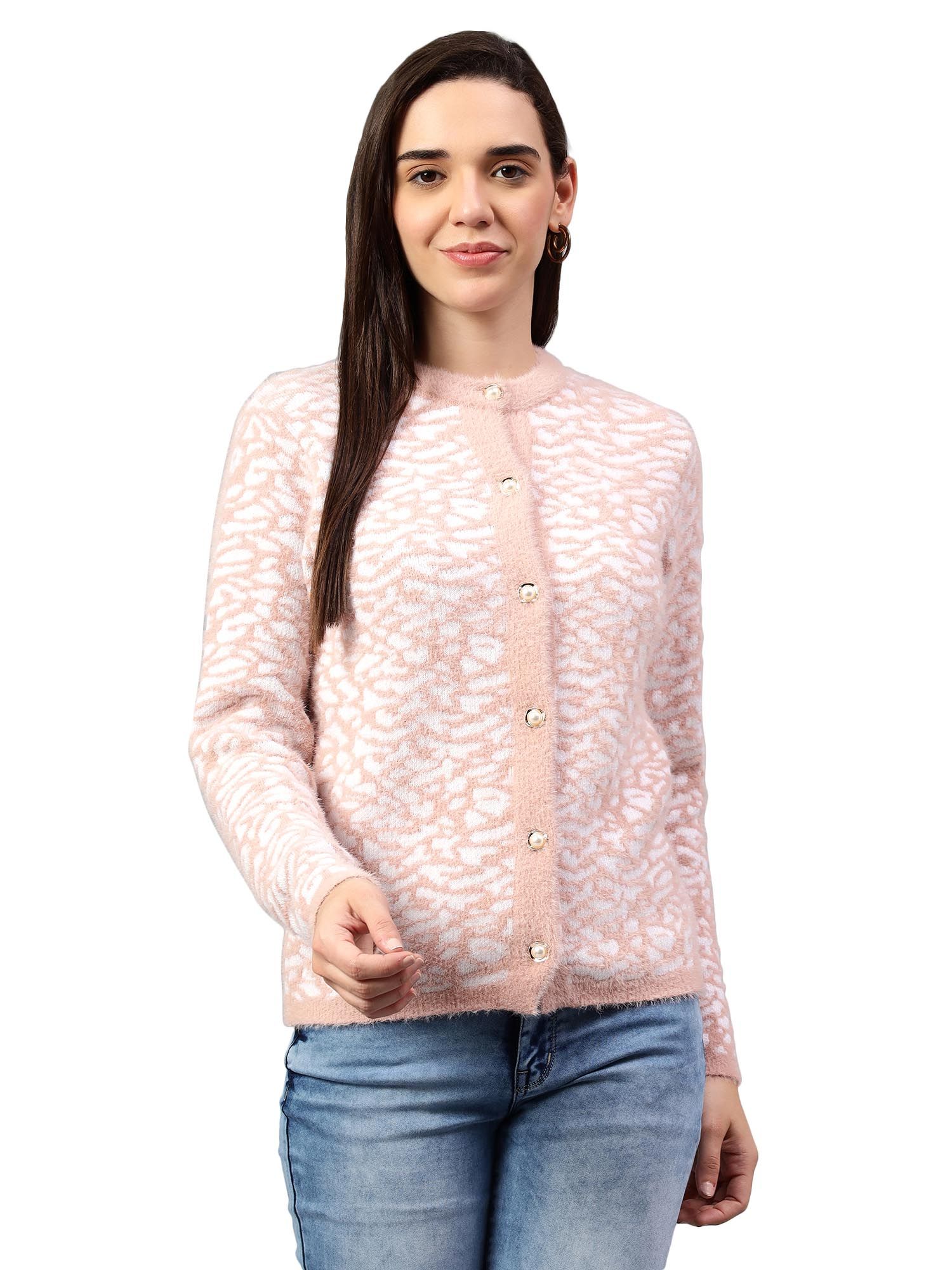 cantabil Women Self Design Pink Full Sleeve Cardigan Casual Sweater-picture-12