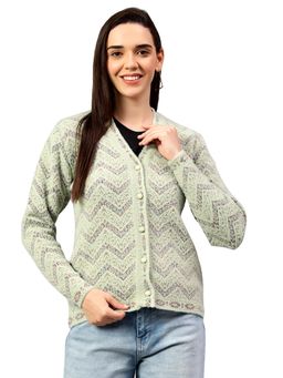 Cantabil - Women Self Design Green Full Sleeve Cardigan Casual Sweater