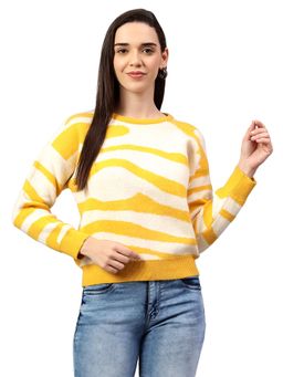 Cantabil - Women Self Design Yellow Full Sleeve Casual Sweater