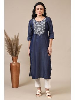 Aurelia - Blue Relaxed Fit Embroidered Yoke A-Line Denim Kurta