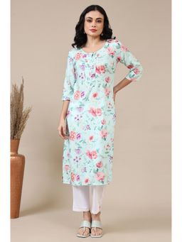 Aurelia - Bermuda Blue Digital Floral Printed Rayon Straight Kurta