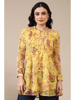 Aurelia - Bright Yellow Floral Printed Organza Kurti