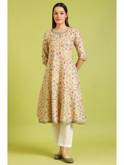 W - Yellow Floral Glitter Printed Pure Cotton Anarkali Kurta