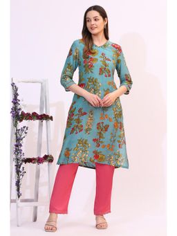 W - Reef Blue Floral Printed Modal A-Line Kurta