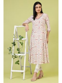 W - Off White Floral Printed Pure Cotton Flared Kurta