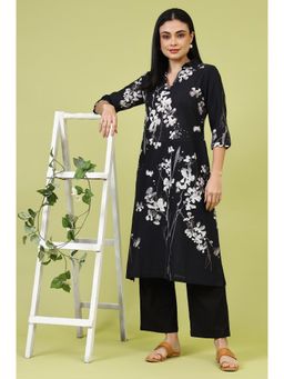 W - Black Floral Printed Pure Cotton Straight Kurta