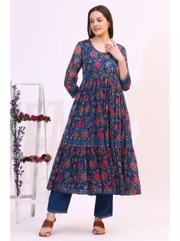W - Blue Chintz Floral Printed Gathered Chiffon Anarkali Kurta