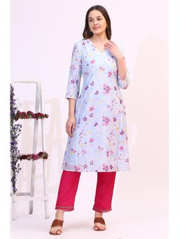 W - Sky Blue Floral Printed Straight Kurta