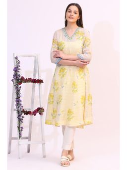 W - Off White Floral Printed Sequined Kota Layered Kurta
