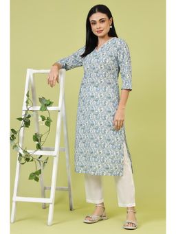 W - Blue Geometric Printed Pure Cotton Straight Kurta with Lace Detail