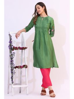 W - Green Solid Floral Embroidered Shantung Straight Kurta with Pintuck