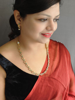 GRIIHAM - Gold Plated Leaf Motif Coloured Stones Necklace with Pair Of Earrings (Set of 2)