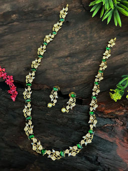 GRIIHAM - Gold Plated Leaf Motif Coloured Stones Necklace with Pair Of Earrings (Set of 2)