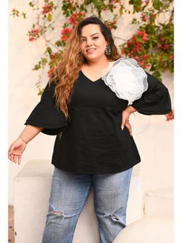 Desi Noor - Plus Size Black Poplin Organza Flower Top