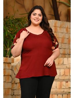 Desi Noor - Plus Size Maroon Embroidered Rayon Top