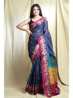 Arhi - Navy Blue Blended Cotton Handwoven Soft Saree With Allover Flower Butta with Unstitched