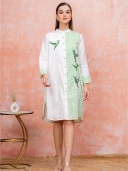 Zolo Label - White and Green Striped Embroidered Straight Shirt Dress