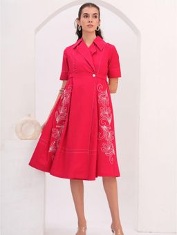 Zolo Label - Fuchsia Pink Embroidered Flared Midi Dress