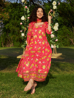 Aurelia - Women Pink Printed Anarkali with Leggings and Dupatta (Set of 3)