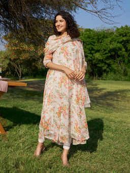 Aurelia - Women White Printed Anarkali with Leggings and Dupatta (Set of 3)