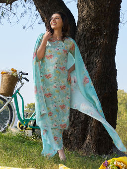 Aurelia - Women's Blue Floral Printed Kurta with Pant and Dupatta (Set of 3)