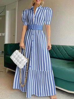 Alamode by Akanksha - Misa Striped Statement Dress with Belt In Blue (Set of 2)