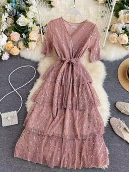 MISS MOSA BY AKANKSHA - Tiered Party Dress with Belt (Set of 2)