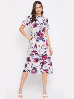 PURYS - Frilled Neck and Half Sleeves Midi Dress