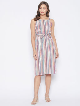 PURYS - Stripes Printed Straight Dress with Belt (Set of 2)