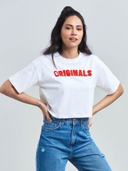 The Souled Store - Tss Originals White Oversized Cropped T-Shirts for Womens
