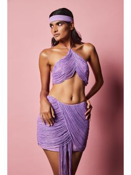 Nirmooha - Lilac Embroidered Halter Neck Tassel Top Lilac Embroidered Tassel Skirt (Set of 2)
