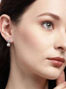 Carlton London - Rhodium Plated with Cz and Bead Stud Earring for Women