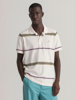 GANT - Men White Striped Regular Fit Polo T-Shirt