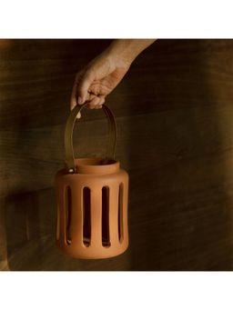 Ellementry - Lupa Terracotta Round Lantern with Metal Handle for Home Decor (Large)