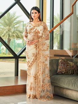 Tikhi Imli - Off White Colored Net Embroidered Saree with Faux Diamonds with Unstitched Blouse