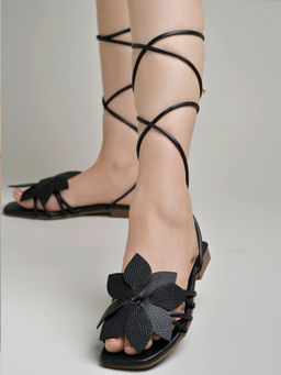 Shoetopia - Stylish Trendy Casual Elegant Flower Embellished Black Gladiators Flats