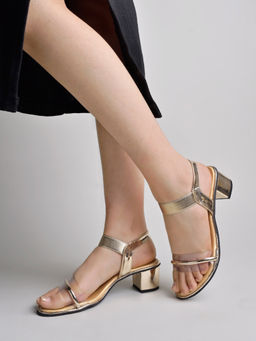 Shoetopia - Rhinestone Detailed Golden Shiny Block Sandal Heels