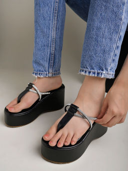 Shoetopia - Embellished Black Wedge Heels